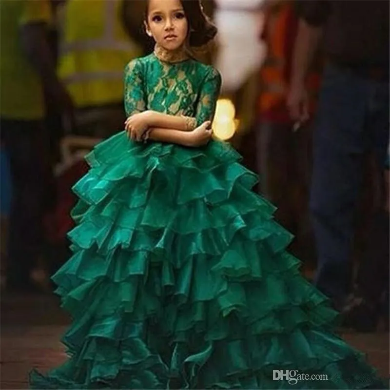 2019 Emerald Green Junior Girl's Pageant Dresses For Teens Princess Flower Girl Dresses Birthday Party Dress Ball Gown Organza Long Sleeve