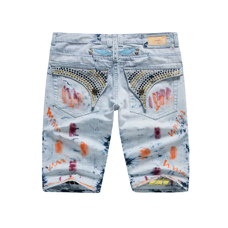 livraison gratuite 2016 Nouvelle arrivée Summer designer Men's robin porte un pantalon Crystal denim jeans short bleu en gros 30-42