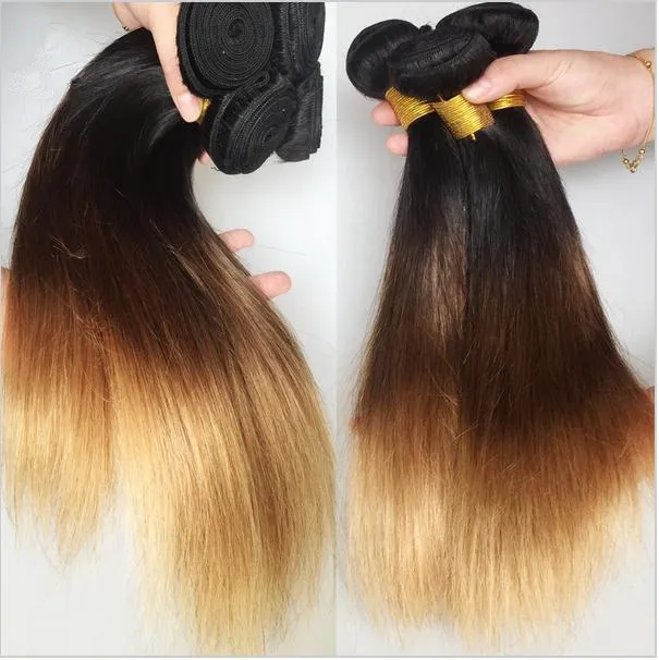 1B427 Honey Blonde Ombre Hair Brazilian Hair 3Bundles مع إغلاق الدانتيل الدانتيل الجذور المظلمة ثلاث نغمة حريرية على التوالي من نسج أومبير مستقيمة مع 3621858