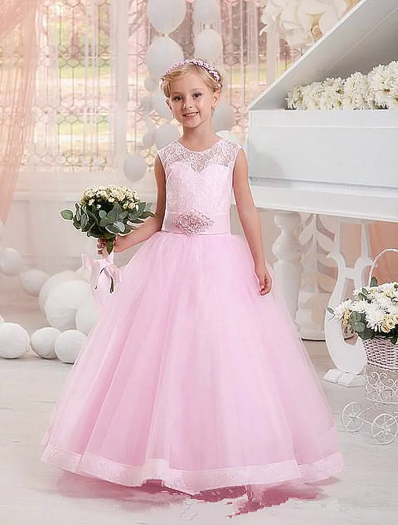 Spitzen-Blumenmädchenkleider für Hochzeiten, Juwelenhals, Kristallkleid für kleine Mädchen, Erstkommunionkleid