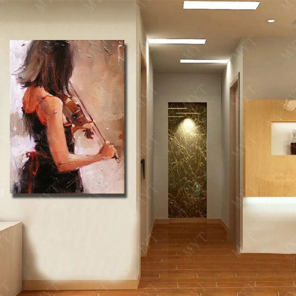 Hand Painted Violin Girl Oil Painting On Canvas Modern Figure Wall Art ...