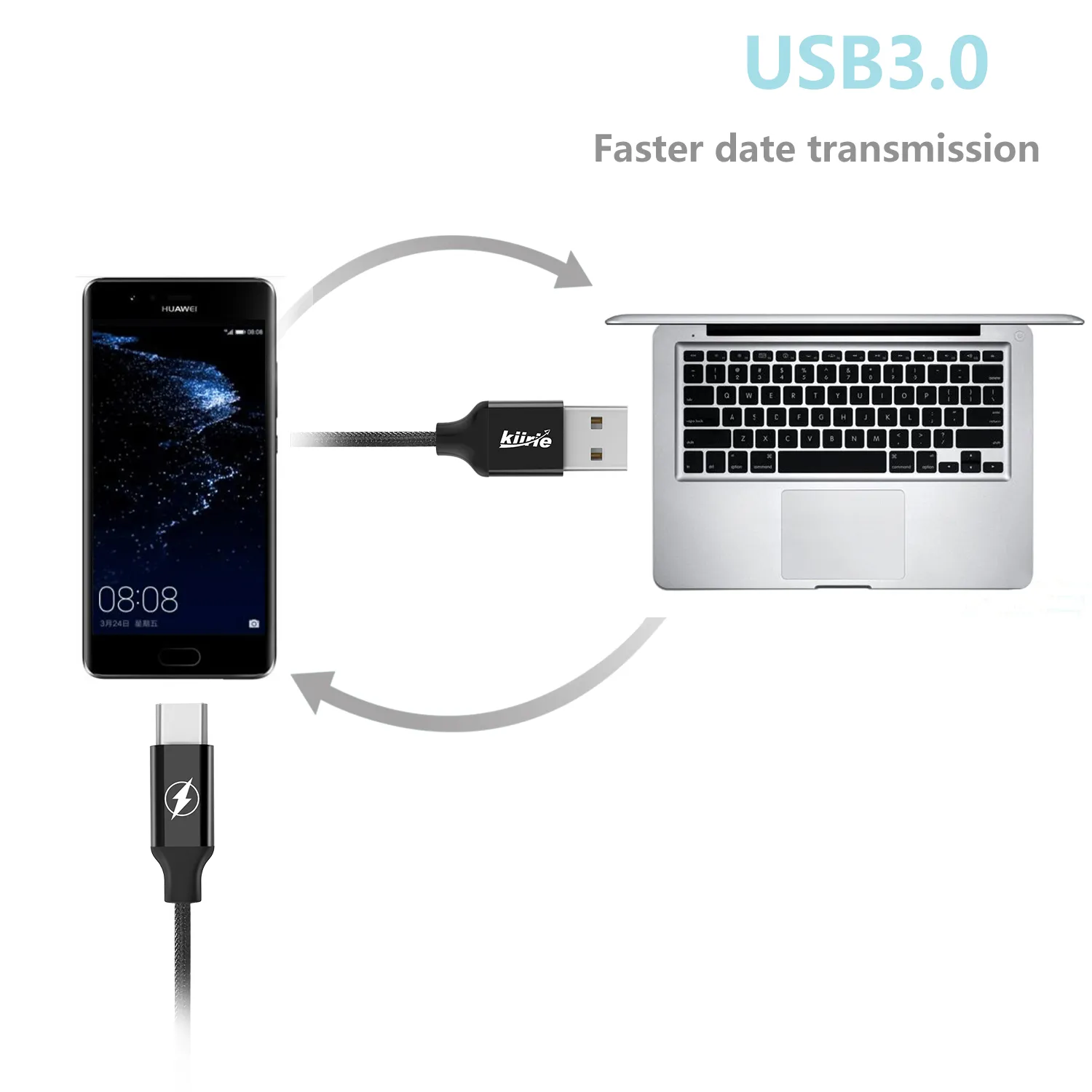 Câble USB de type C Cordon tressé en nylon Chargeur rapide avec connecteur réversible pour périphériques USB de type C FCC CP65 CE ROHS
