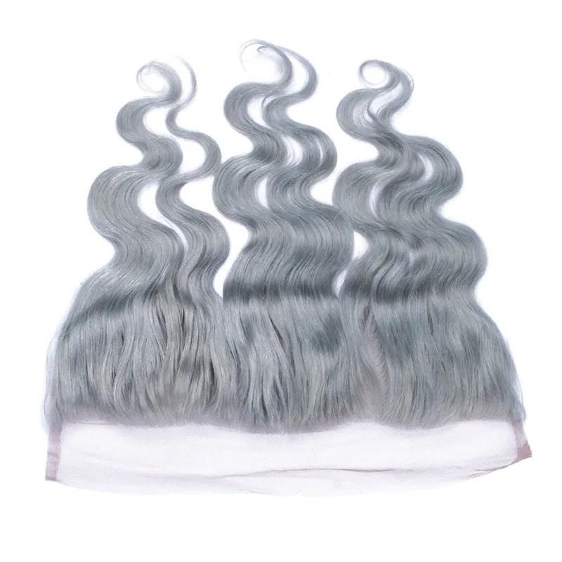 Brasilianisches silbergraues Echthaar, Ohr-zu-Ohr-Vollspitze, 13 x 4, gewellt, gewellt, Spitzenfrontverschluss, reine graue Farbe, gebleichte Knoten
