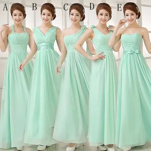 Plisowana Długa Szyfonowa Druhna Dress Mint Green 2019 Długość podłogi Wedding Party Dress 5 Style Mieszane zamówienie