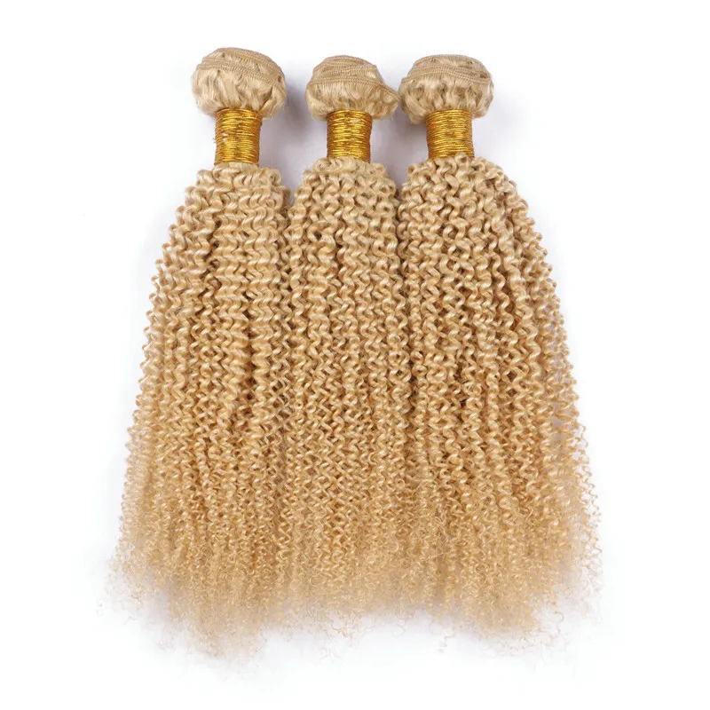 Extensions de cheveux blonds brésiliens vierges de qualité supérieure Kinky Curly 3Pcs # 613 Bleach Blonde Human Hair Weave Bundles 10-30 "Double trames