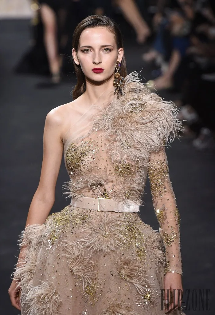 Luxury Feather Elie Saab 2019 Evening Dresses One Shoulder Långärmad Crystal Prom Party Gowns Sweep Train A Line Red Carpet Dress