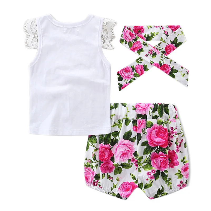 2018 Sommar nyfödd baby flicka kläder blomma spets ärm t-shirt toppar + shorts pants + huvudband tjejer outfits set toddler kläder 0-24m