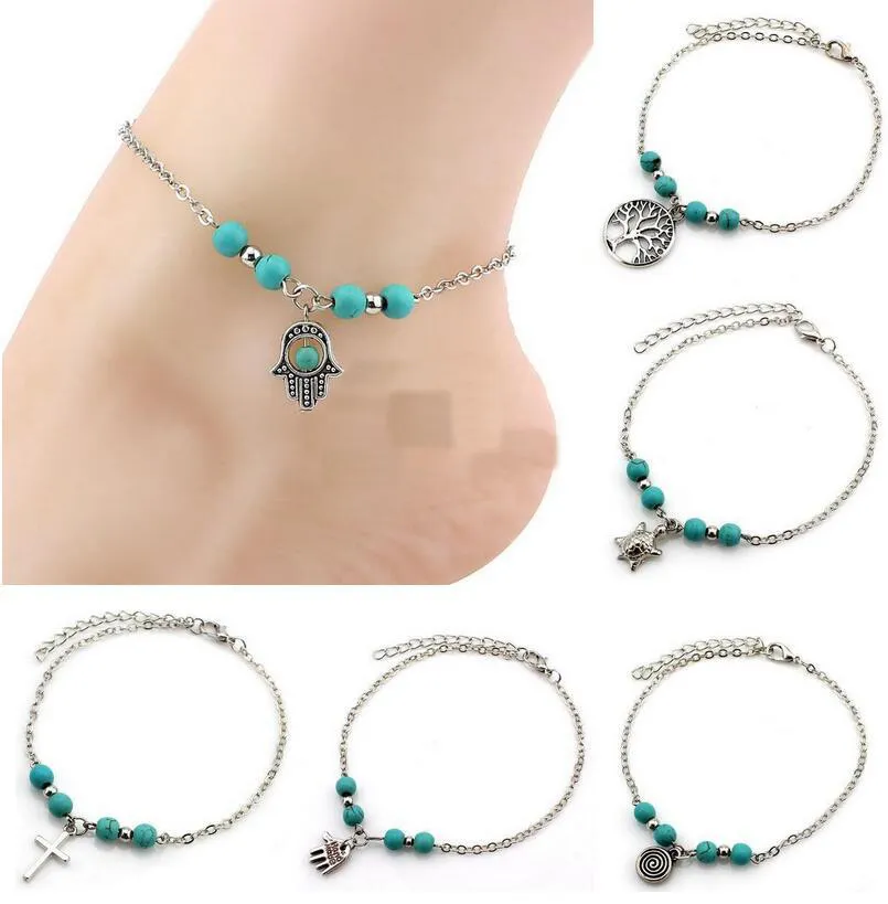 6 Styles Bohemian Turquoise Anklets Women Beach Foot Chains Cross Tree Turtles Conch Fatima's Hand Anklet For Ladies Fashion Jewelry