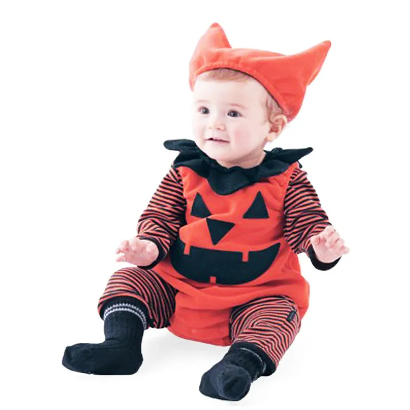 Set di vestiti di Halloween pagliaccetto + gilet + cappello 3 pezzi Abiti di zucca Vestiti neonati Neonati Tute bambini Abiti neonati