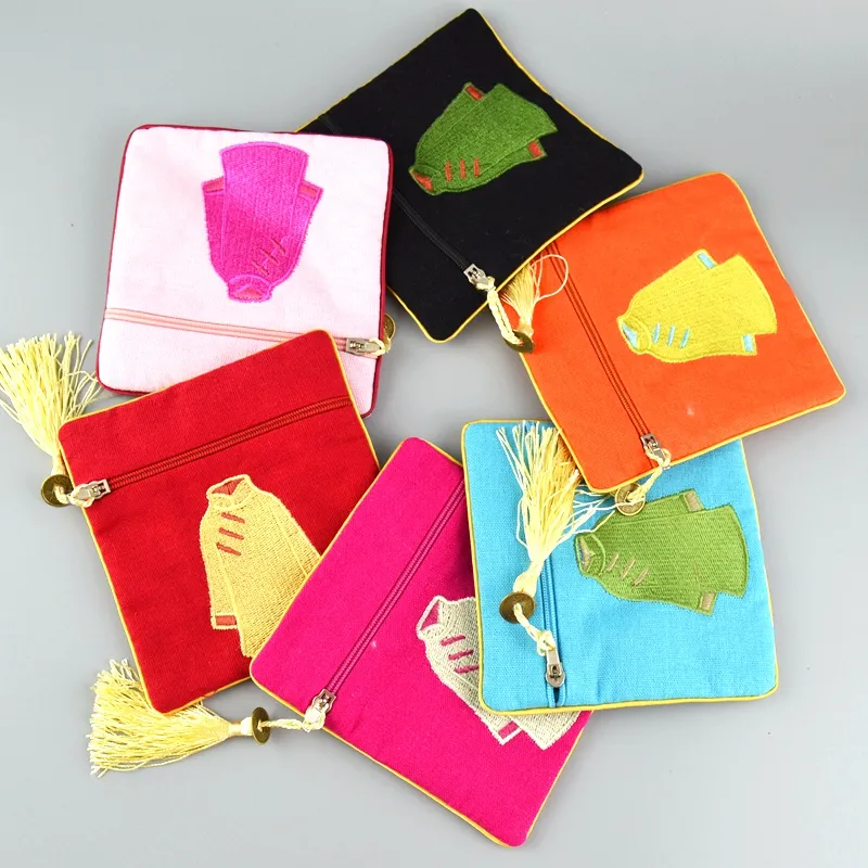 Små broderi Kläder Mynt Purväska Bag Zipper Vintage Smycken Presentpåsar Kinesisk stil Tassel Bomull Linen Eco Storage Bag