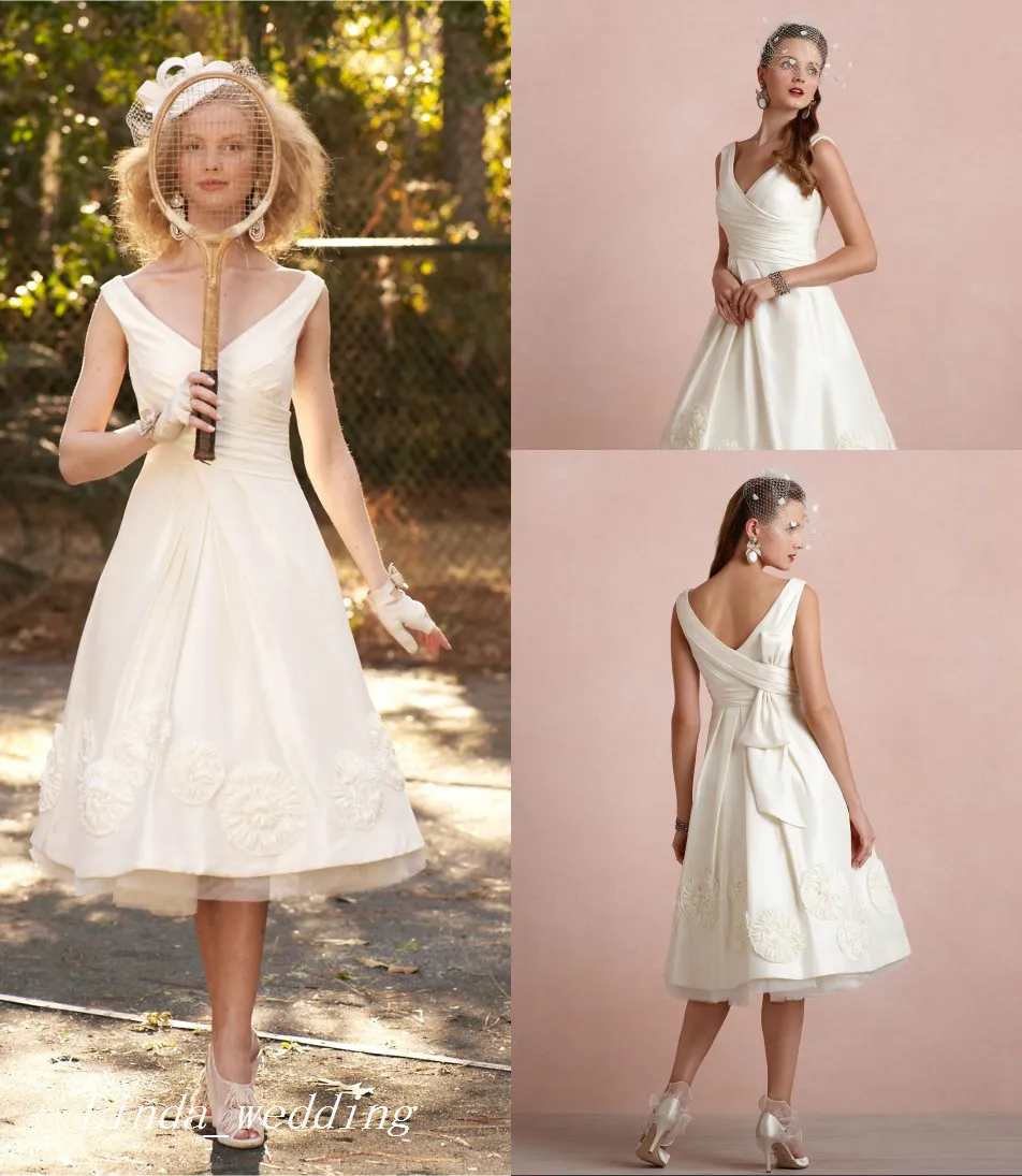 Unique Vintage Tea Length Wedding Dresses Graceful A Line V Neck Bridal ...