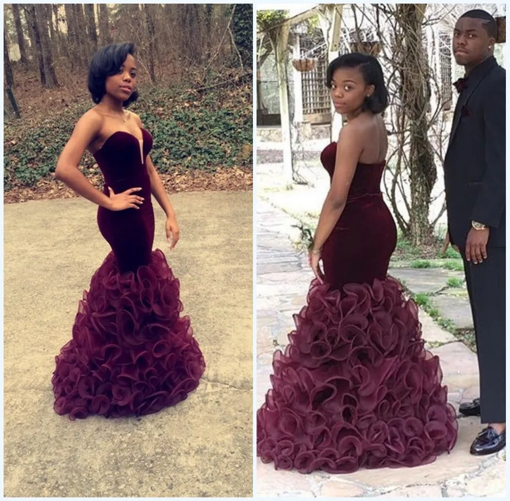 Afrikansk tjej Burgundy Prom Klänningar Graduation Klänning Organza Ruffles Mermaid Party Event Gowns Aso Ebi Piping Tiered Aftonklänning