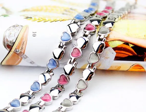 Heart shape health link chain bracelet for girl women good friend friendship magnetic energy bracelets with red white blue opal stones