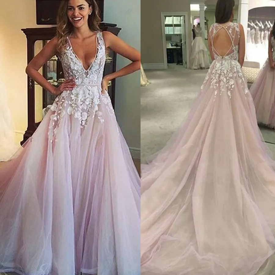 Prom Dresses Sexy v Neck Backl Lace Prom Dresses Fashion A-line Tulle Appliqu Court Train Vtido De Noiva Elegant Evening Gowns