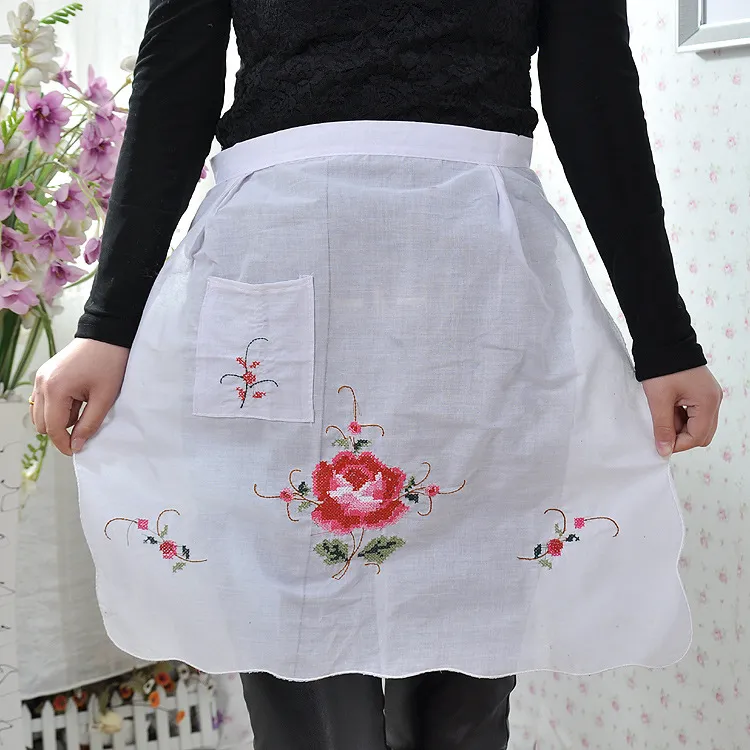 Women Housewife Short Waist Ruffled Floral Print Apron With Two Pockets Cooking Cotton Apron Bib For Restaurant Home Kitchen ZA0879