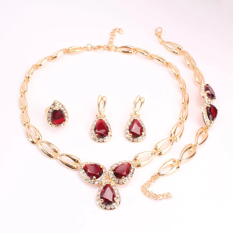 Conjunto de joyería de cristal austriaco de rubí, collar, pulsera, pendientes, anillo, traje de fiesta de boda, conjuntos de joyería