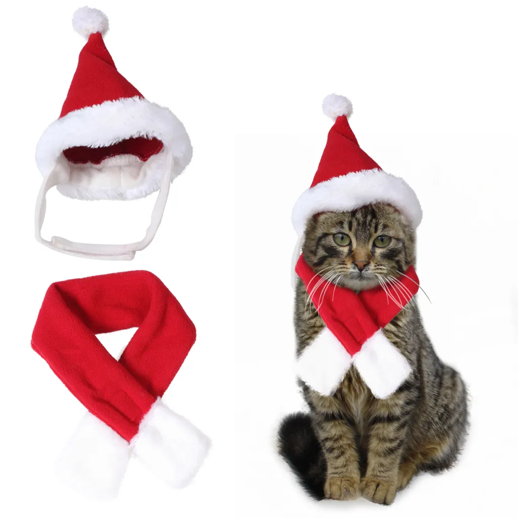 クリスマスのペット猫犬冬ふわふわ帽子スカーフファッションクリスマスアクセサリーサンタハットスカーフのセット