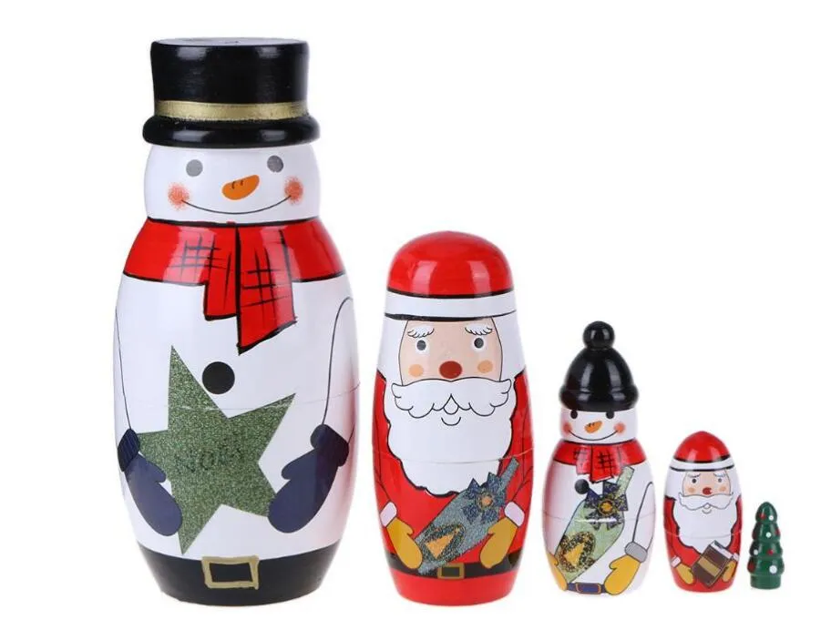 Trä matryoshka dockor baby leksak nestande dockor härlig jul snögubbe santa claus bild ryska dockor barn gåva