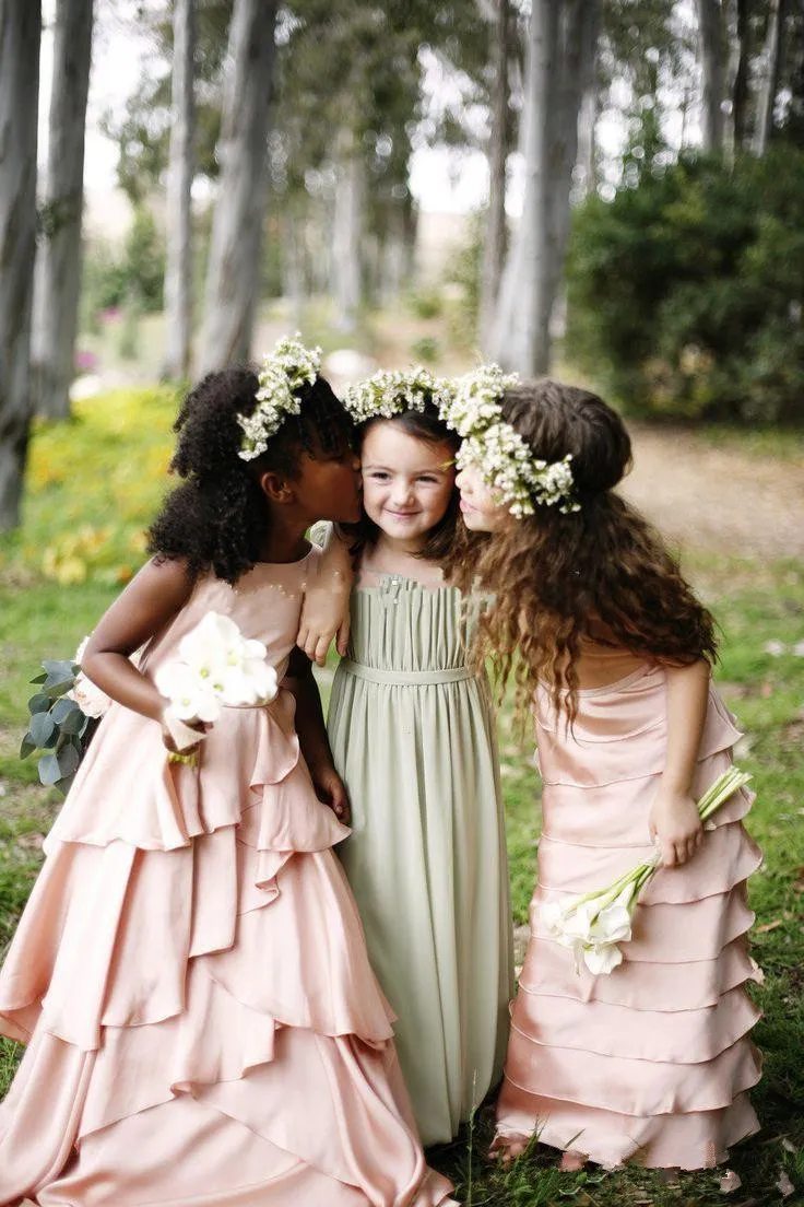 2021 Pretty Blush Pink Flower Girl Dresses Chiffon Girls Pagant Gown Communion för Bröllop Formell Party QC94