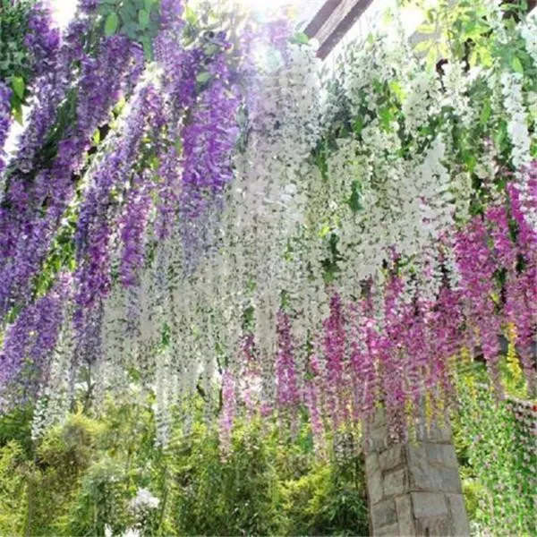 Fiori artificiali romantici Simulazione Vite di glicine Decorazioni di nozze Lungo corto Pianta di seta Bouquet Camera Ufficio Giardino Accessori da sposa