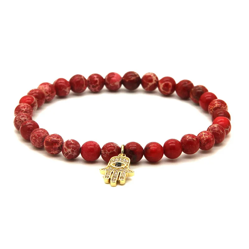 Partihandel Kvinnor Smycken 6mm Röda havet Sediment Imperial Stone Pärlor med Micro Inlay Zircons Fatima Hand Hamsa Armband