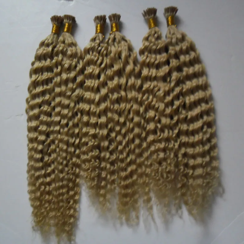 100g / brins 3 faisceaux Remy Extensions de Cheveux Kératine I Tip Extensions de Cheveux Blonde Brésilienne Crépus Bouclés Extensions de Cheveux Humains Kératine