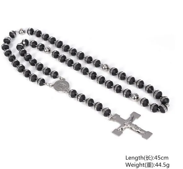 New Arrival Popular Style Black Silicone Rosary Necklace Silver 316L Stainless Steel Religous Beads Chain Crucifix Cross