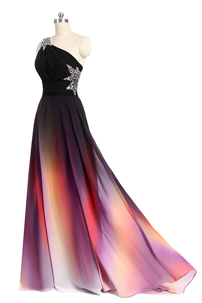 2017 Nova Elegante A Linha Sexy Um Ombre Longo Prom Vestidos Chiffon Formal Vestidos de Festa À Noite WD1014