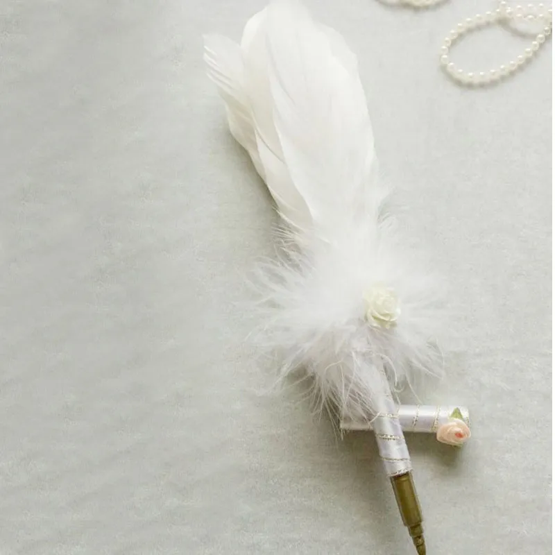 Joli mariage autruche blanc/rose plume longue plume livre d'or stylo de signature avec tampon doré bébé spectacle Casamento stylos fournitures de fête ZA1285