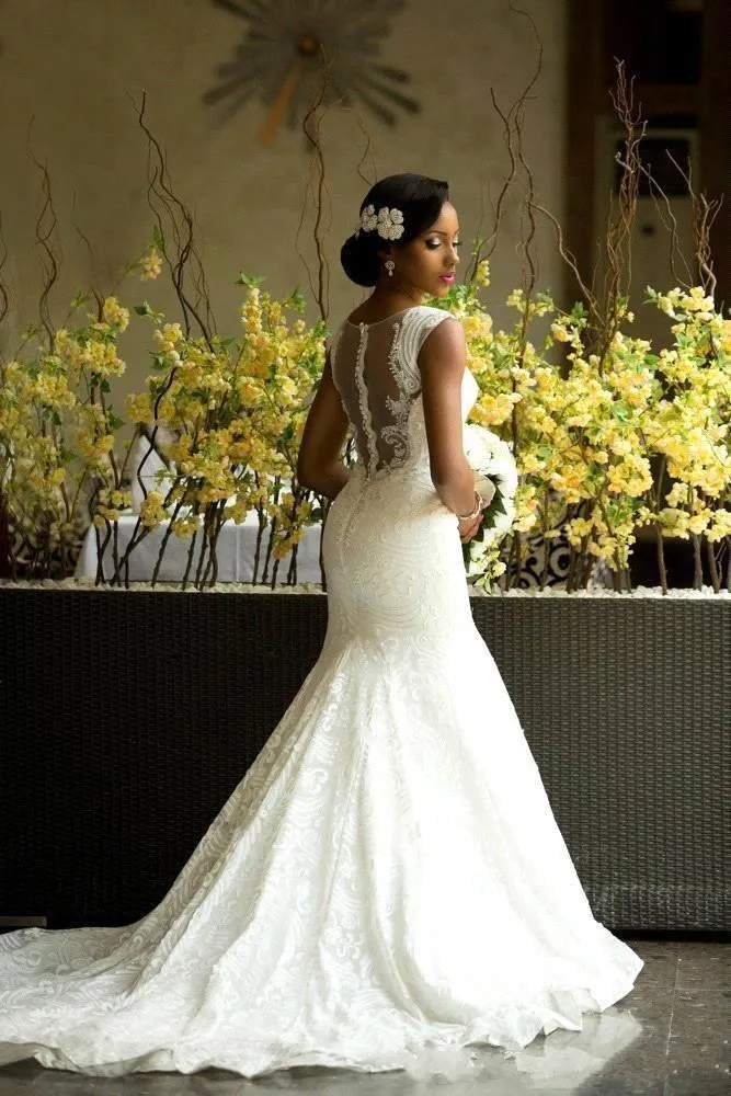 Элегантная русалка в стиле свадебные платья драгоценные шеи с кружевной аппликацией свадебные платья длинные поезд рюшины на заказ свадебное платье