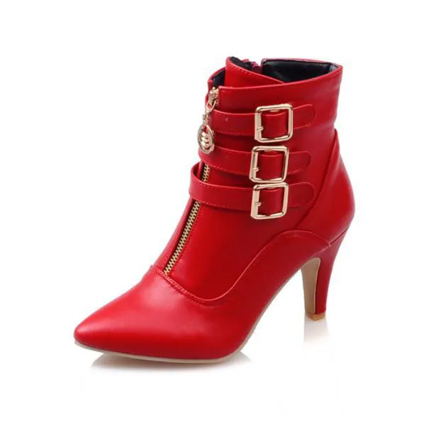 New Womens High Heel Ankle Boots: Pointed Toe Buckle Martin Boots