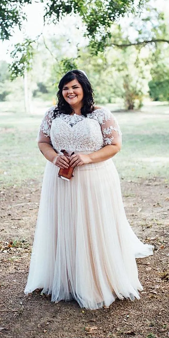 Custom-Made Plus Size Wedding Dress with Lace Top, Plumetis Tulle Pleats, Short Sleeves, and L-UP Back - Modest 2017 (EN10123)