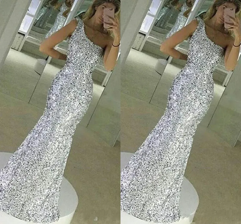 2017 Special Bling Bling Silver One Shoulder Prom Dresses Mermaid Sequins Long Sleeveless Floor Length Formal Evening Dress