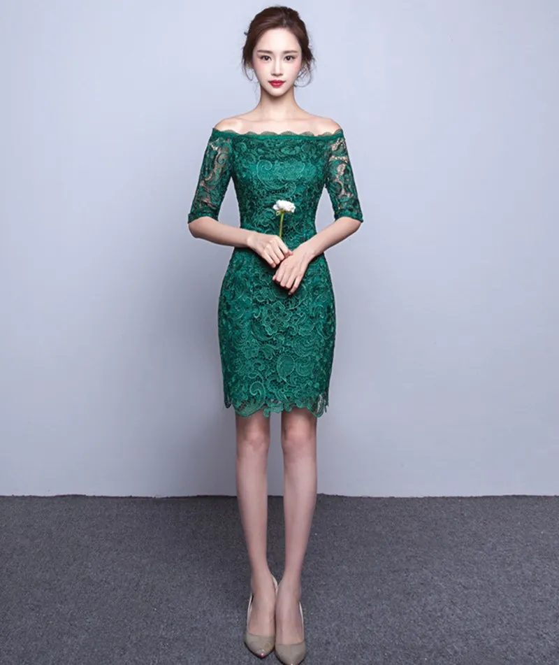 Robe de demoiselle d'honneur courte en dentelle vert foncé avec broderie 2018 robe de soirée au genou à lacets