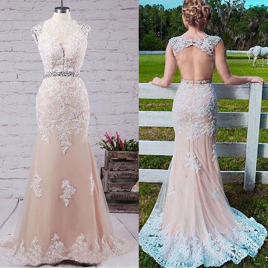 Beading Sash Jewel Lace Applique Sexy Mermaid Hollow Back Evening Party Gowns Champagne Plus Size Prom Dresses Long