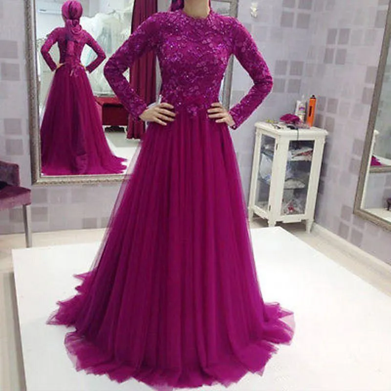 Fashionable Muslim Purple Lace Long Sleeve Evening Dresses With Hajab High Neck Beaded Dubai Abaya Formal Prom Party Dresses 2017