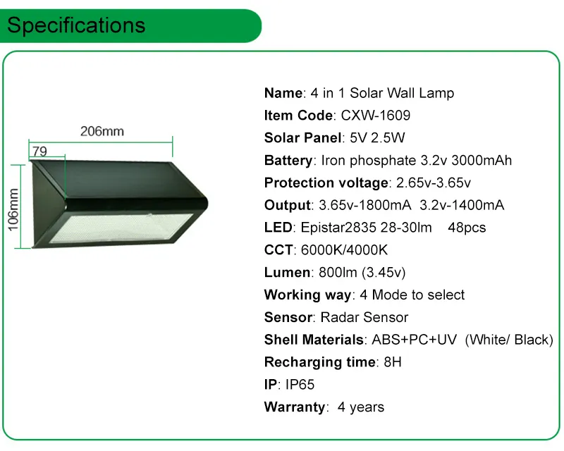 4500mAh Lâmpada de parede solar lâmpada de radar LED luz solar levemente impermeável ip65 jardim ao ar livre jardim pátio parque jardim jardim iluminação