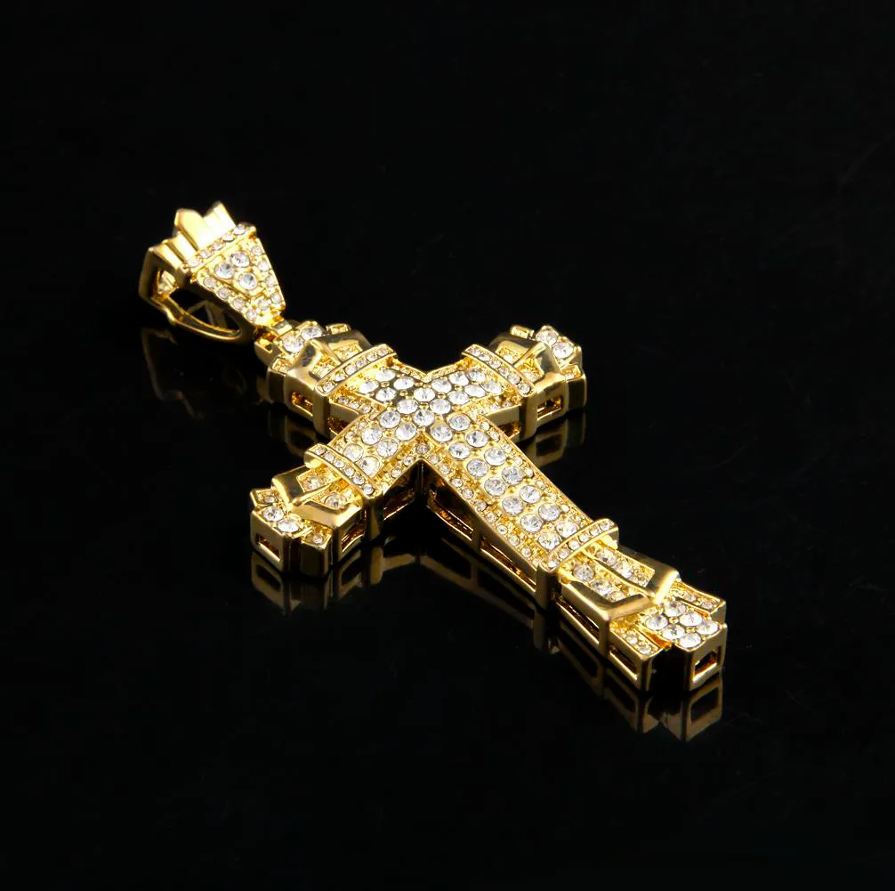 Серебряный хип-хоп Chars Charm Clank Beckant Полный лед из CZ, смоделированные бриллианты Католическое распятие Кристианское кулон ожерелье с длинной кубинской цепью