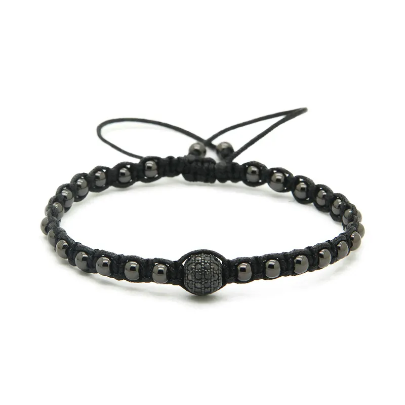 Wholesale High Grade Braiding Macrame Jewelry, 4mm Round Bronze Beads with 8mm Micro Paved Black Zircons Cz Bracelets