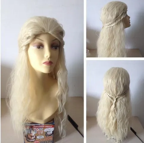 Песня с льдом и огненным волокном волос волос волос волос Daenerys Targaryen Blonde Long Curly Braids Cosplay Wig Party Event