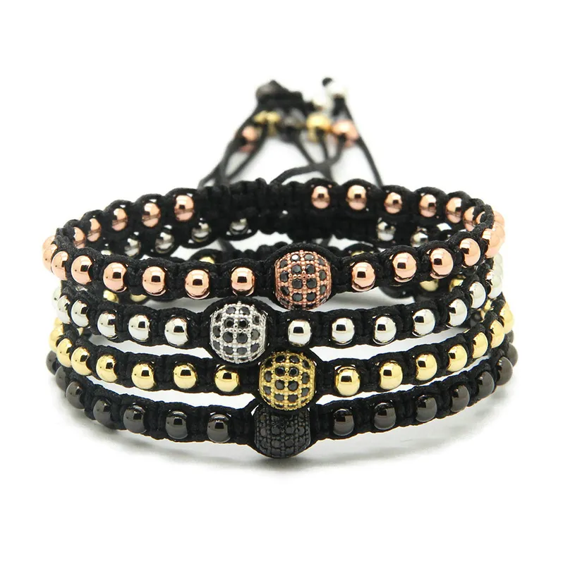 Wholesale High Grade Braiding Macrame Jewelry, 4mm Round Bronze Beads with 8mm Micro Paved Black Zircons Cz Bracelets