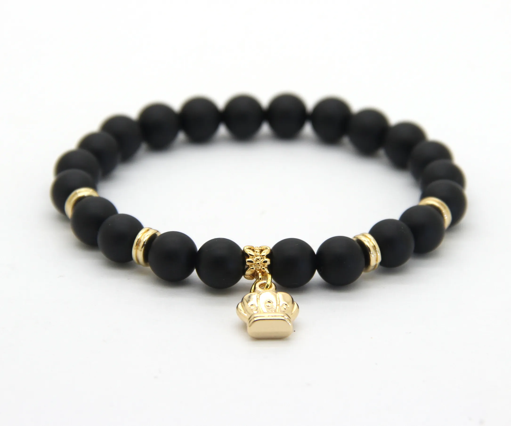 Nya Ankomststen Smycken Partihandel 8mm Real Matt Onyx Stone Pärlor med Kronarmband Party Gift