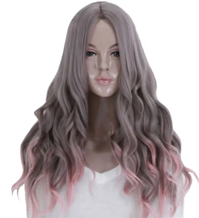 WoodFestival harajuku roze pruik gradiënt blending grijs cosplay lange hittebestendige pruiken krullend golvend pruik synthetisch haar hoge kwaliteit4010337