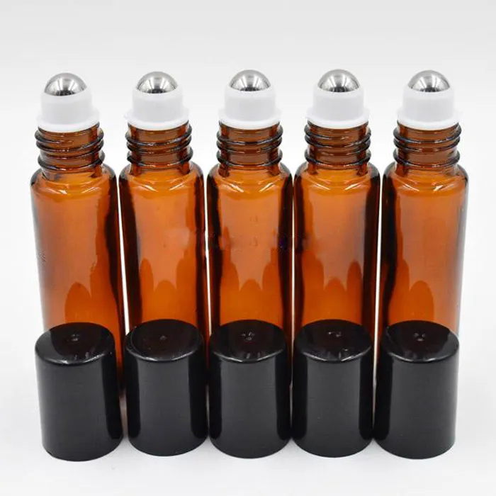 Vert Ambre Violet Rouge Noir 10 ml Bouteilles à rouleaux en verre épais avec vis à billes en métal Couvercles noirs pour 10 ml d'huile essentielle de massage des yeux 600 pièces