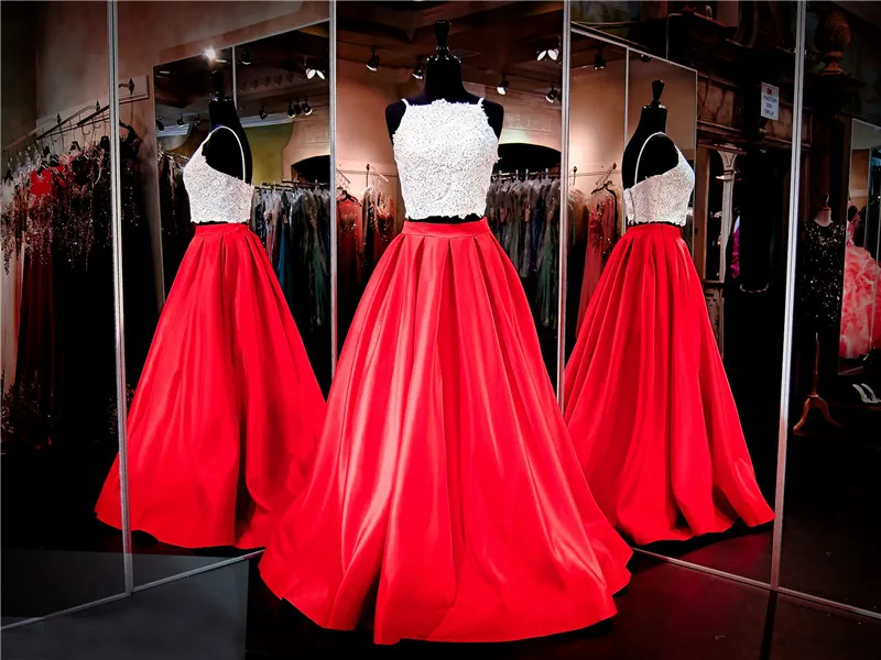 Red Satin Long Two Piece Ivory Lace Crop Top Spaghetti Straps Prom
