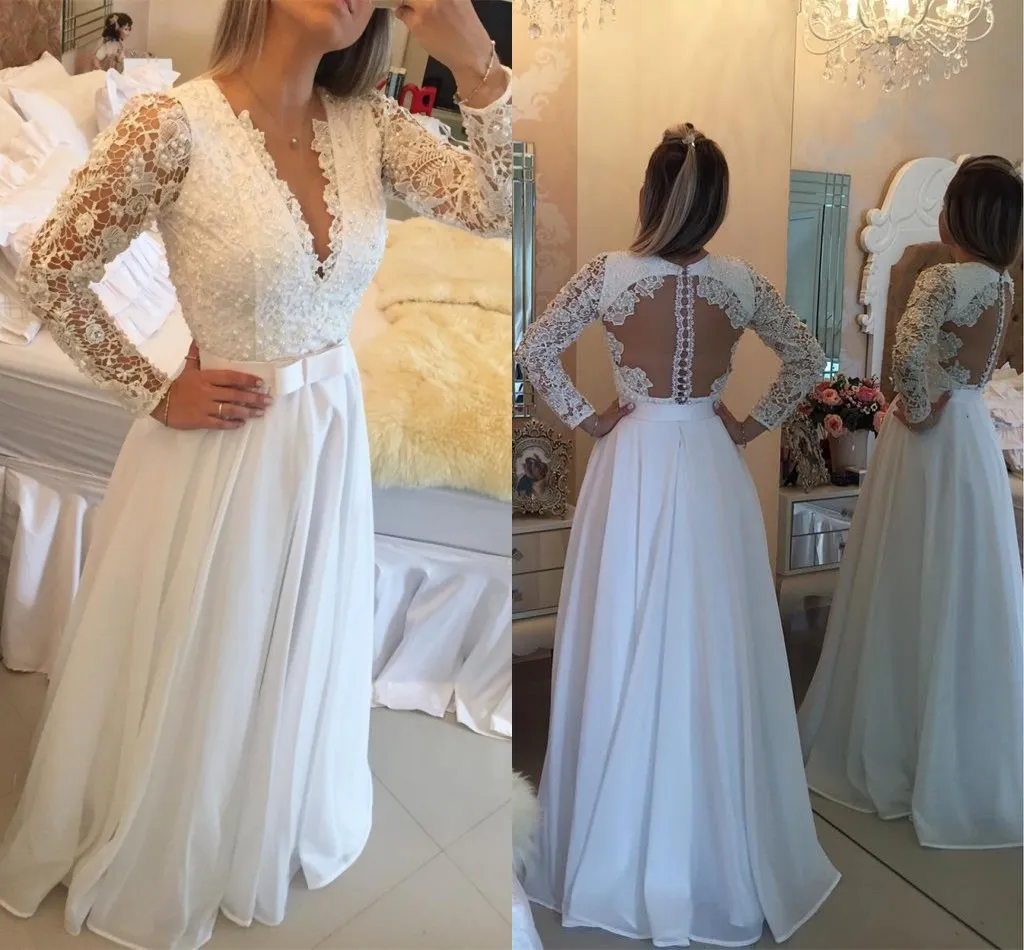 White Elegant Evening Dresses With Lace Applique Beading Plunging Long Sleeves Prom Gowns With Sash Floor-Length Custom Made Party Dress