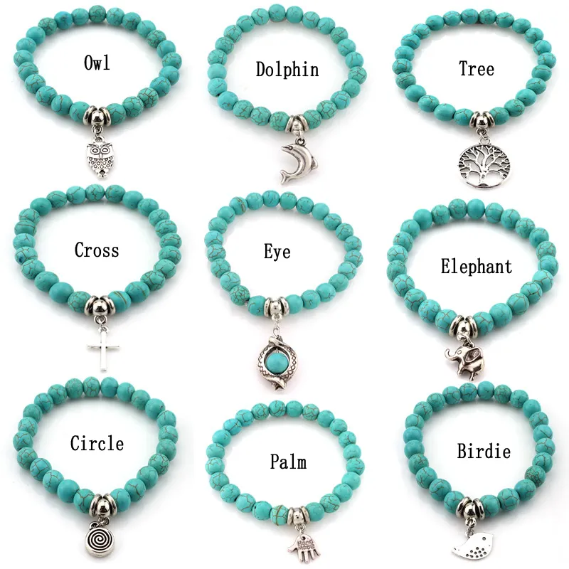 Moda Turquesa Beads Braceletes Árvore Coruja Dolphin Cross Palm Charme Pulseiras para Homem Mulheres Acessórios De Jóias