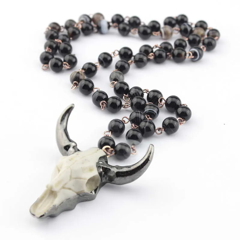 Säljer Amazonite Stones -uttalande halsband Handgjorda naturliga stenkedja Bohemiska stam smycken hornhänge halsband6380763