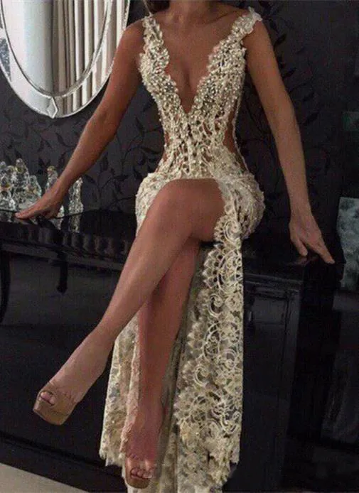 Dress Evening Wear Sexy Champagne High Side Split Mermaid Evening Dresses Beads Pearls Nigerian Lace Styles Prom Dress300v