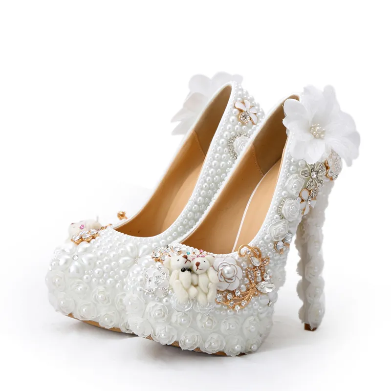 Special Design Wedding Shoes White Pearl High Heel Bride Dress Shoes Lace Flower and Lovely Bear Platform Prom Party Pumps